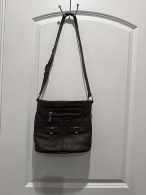 Stone & Co. Brown Pebbled Leather Crossbody Bag with Front Zip & Hardware Detail